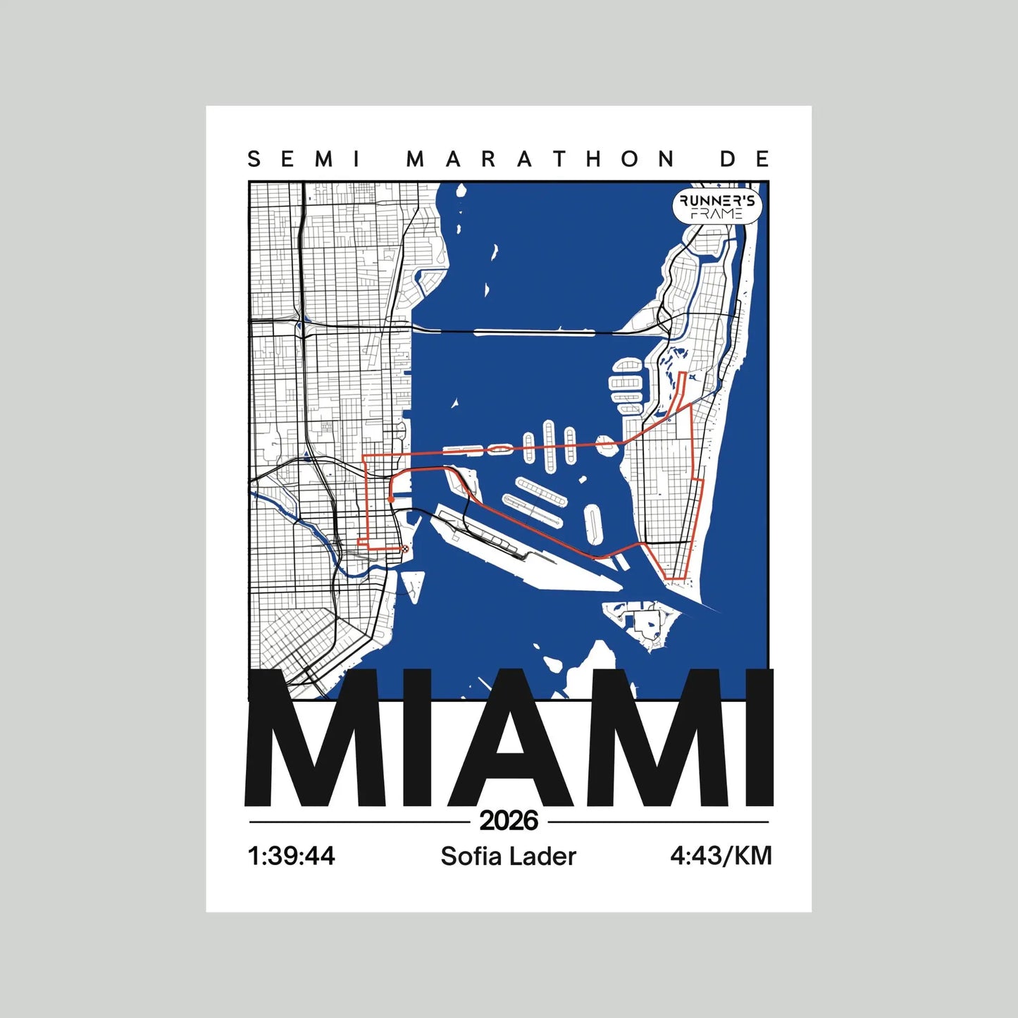 Cadre plexiglas A4/A5 personnalisé Runner's Frame, couleur Blanc, avec carte de ville, tracé de course et exemple de temps du semi-marathon de Miami.