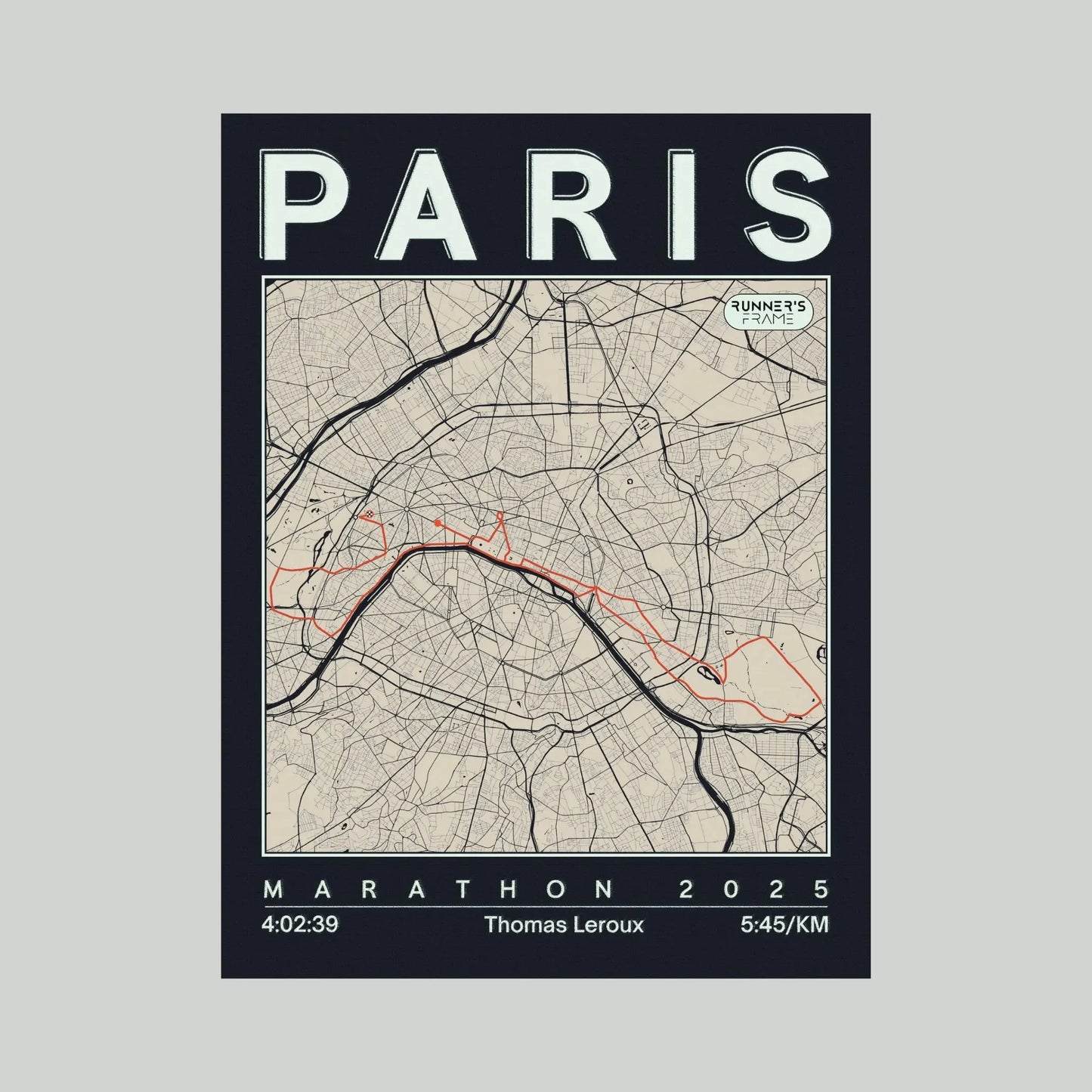Cadre plexiglas A4/A5 personnalisé Runner's Frame, couleur Bleu Encre, avec carte de ville, tracé de course et exemple de temps du marathon de Paris.