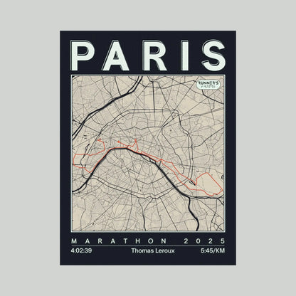 Cadre plexiglas A4/A5 personnalisé Runner's Frame, couleur Bleu Encre, avec carte de ville, tracé de course et exemple de temps du marathon de Paris.