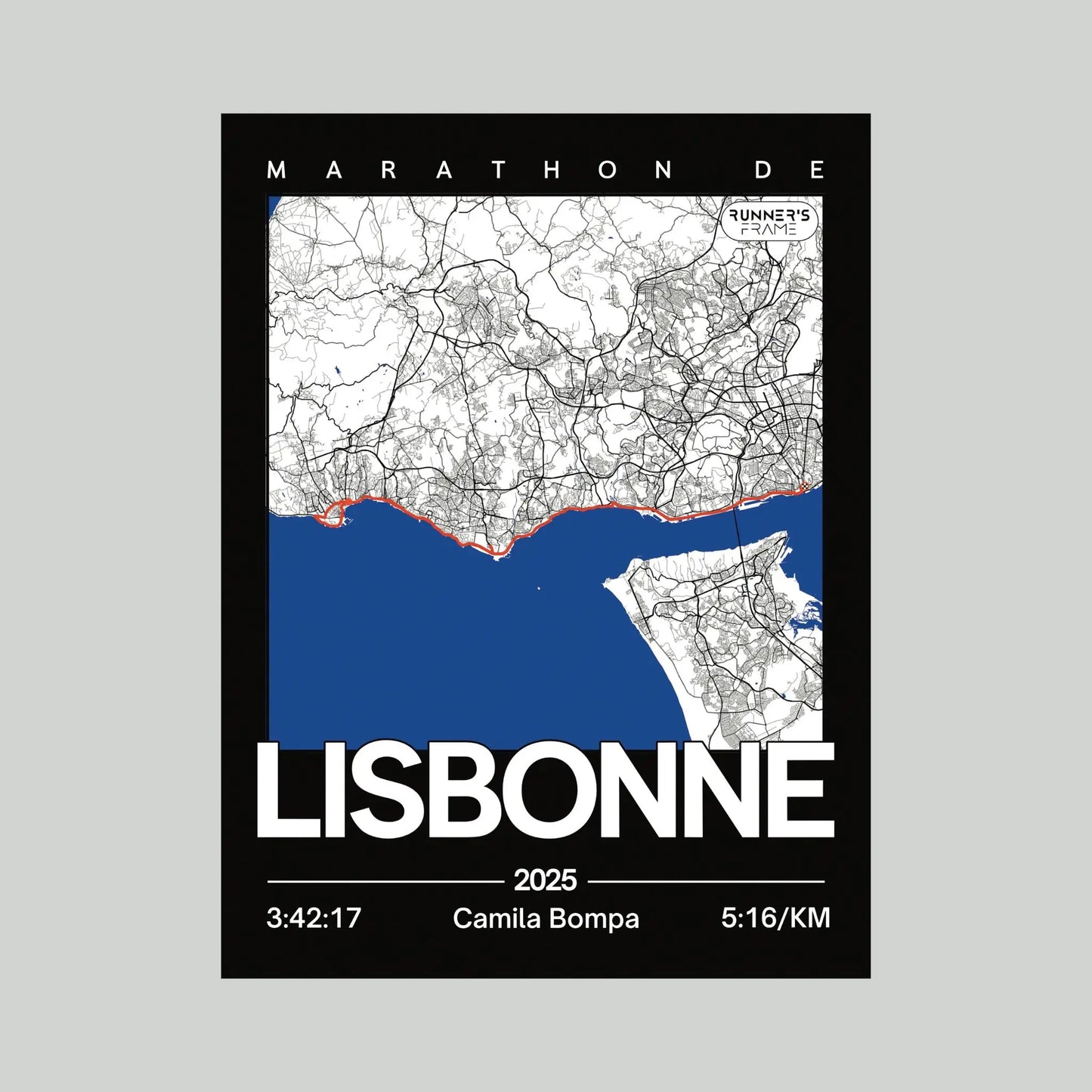 Cadre plexiglas A4/A5 personnalisé Runner's Frame, couleur Noir, avec carte de ville, tracé de course et exemple de temps du marathon de Lisbonne.