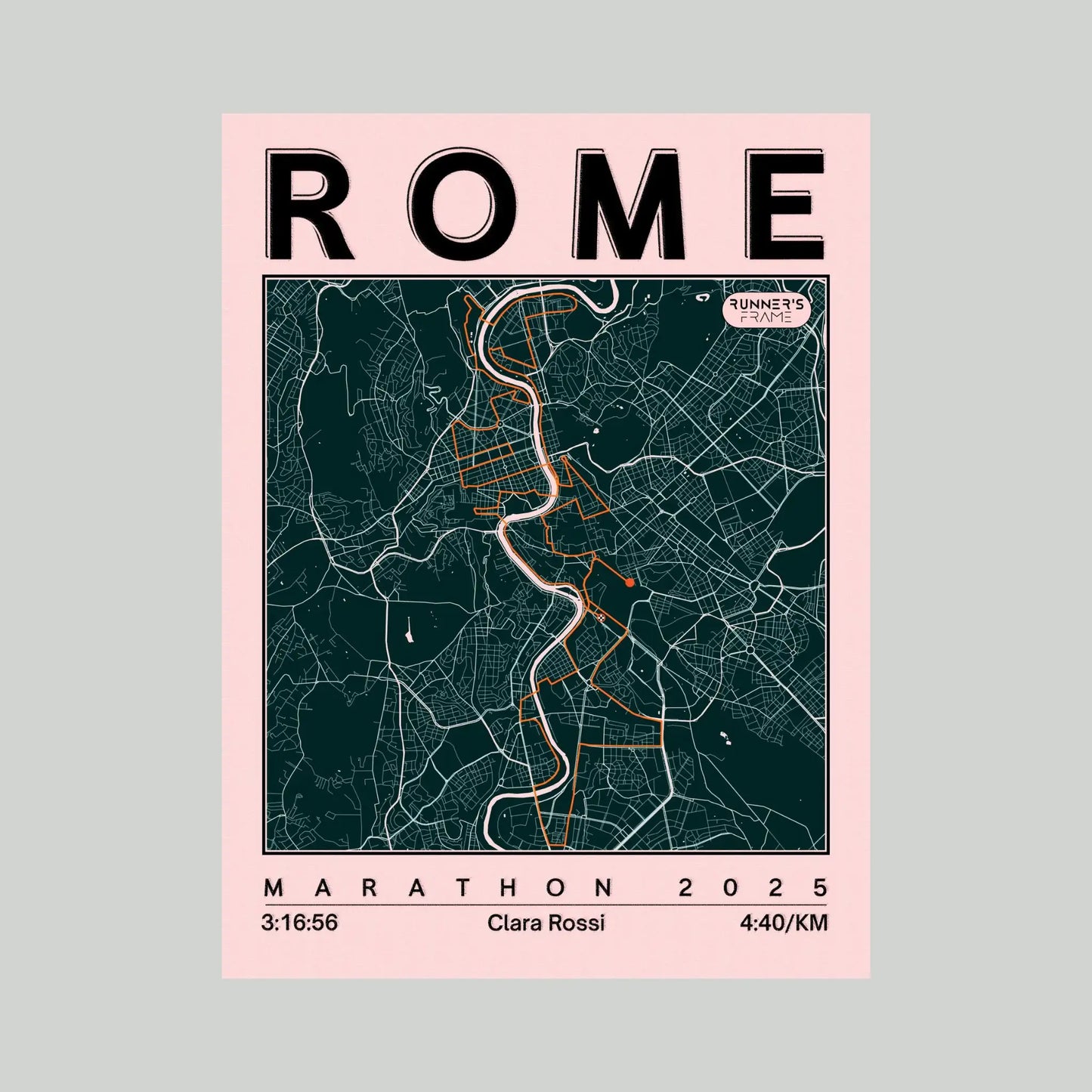 Cadre plexiglas A4/A5 personnalisé Runner's Frame, couleur Rose Gazette, avec carte de ville, tracé de course et exemple de temps du marathon de Rome.