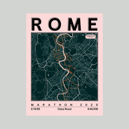 Cadre plexiglas A4/A5 personnalisé Runner's Frame, couleur Rose Gazette, avec carte de ville, tracé de course et exemple de temps du marathon de Rome.