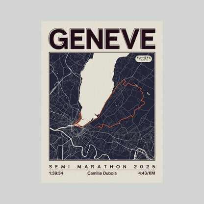 Cadre plexiglas A4/A5 personnalisé Runner's Frame, couleur Sépia Clair, avec carte de ville, tracé de course et exemple de temps du semi-marathon de Genève.
