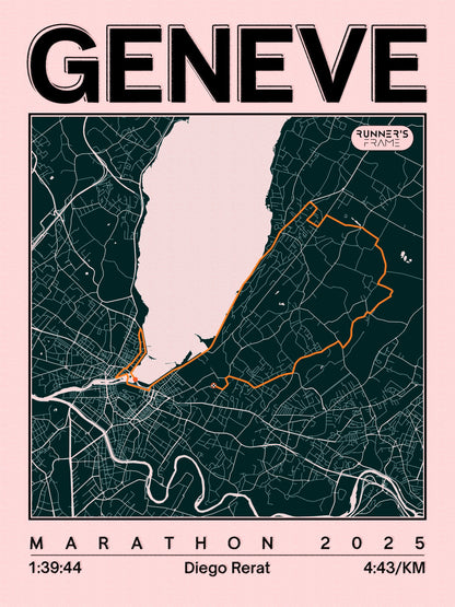 Cadre Plexiglas personnalisé Runner's Frame design Vintage Rose Gazette, affichant 'Marathon Genève 2025' et une carte stylisée du parcours et de la ville.
