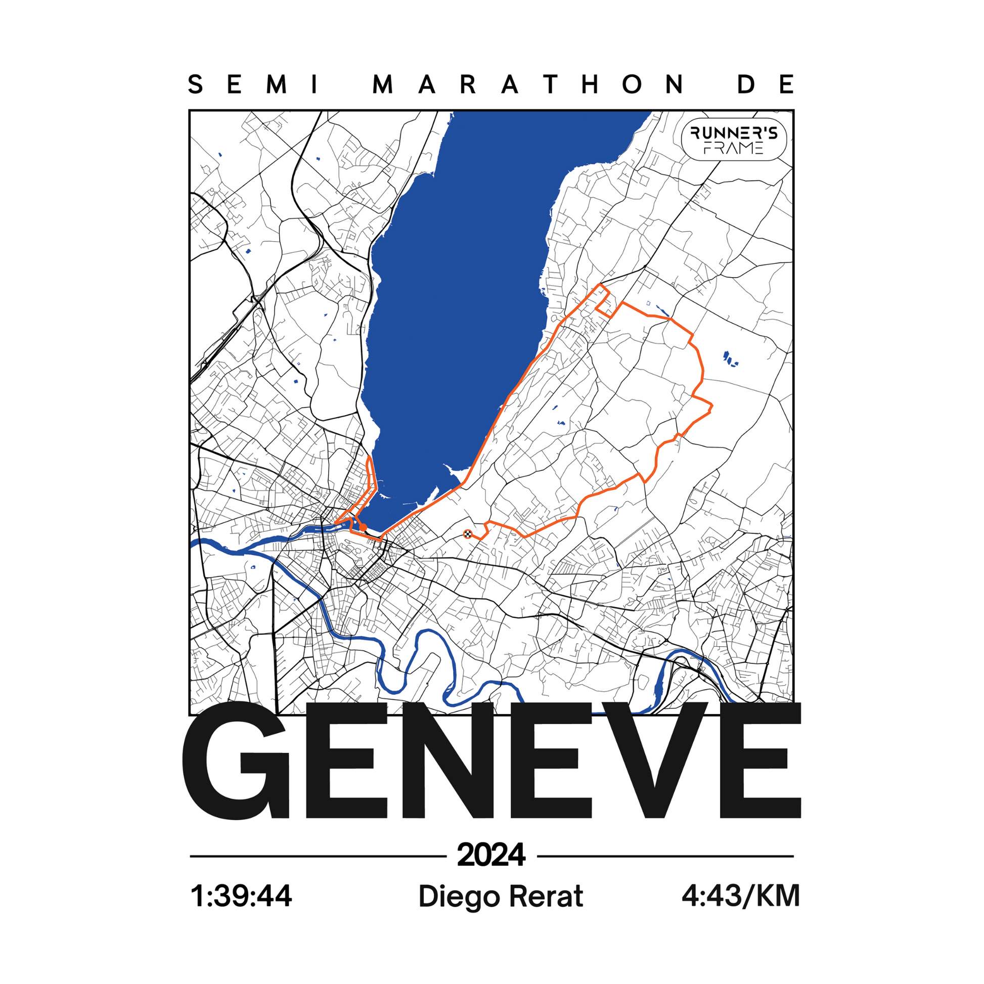 Poster A4 et A5 personnalisé Runner's Frame, design Classique blanc, avec parcours de course et exemple de temps de marathon.