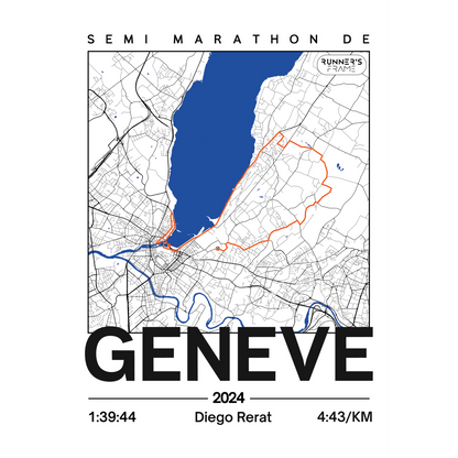 Poster A4 et A5 personnalisé Runner's Frame, design Classique blanc, avec parcours de course et exemple de temps de marathon.