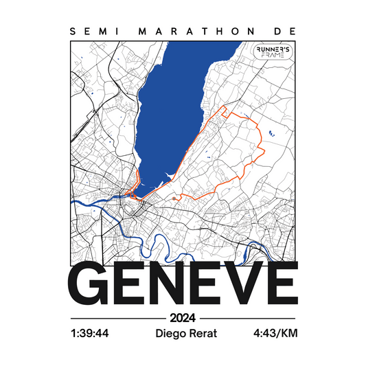 Poster A4 et A5 personnalisé Runner's Frame, design Classique blanc, avec parcours de course et exemple de temps de marathon.