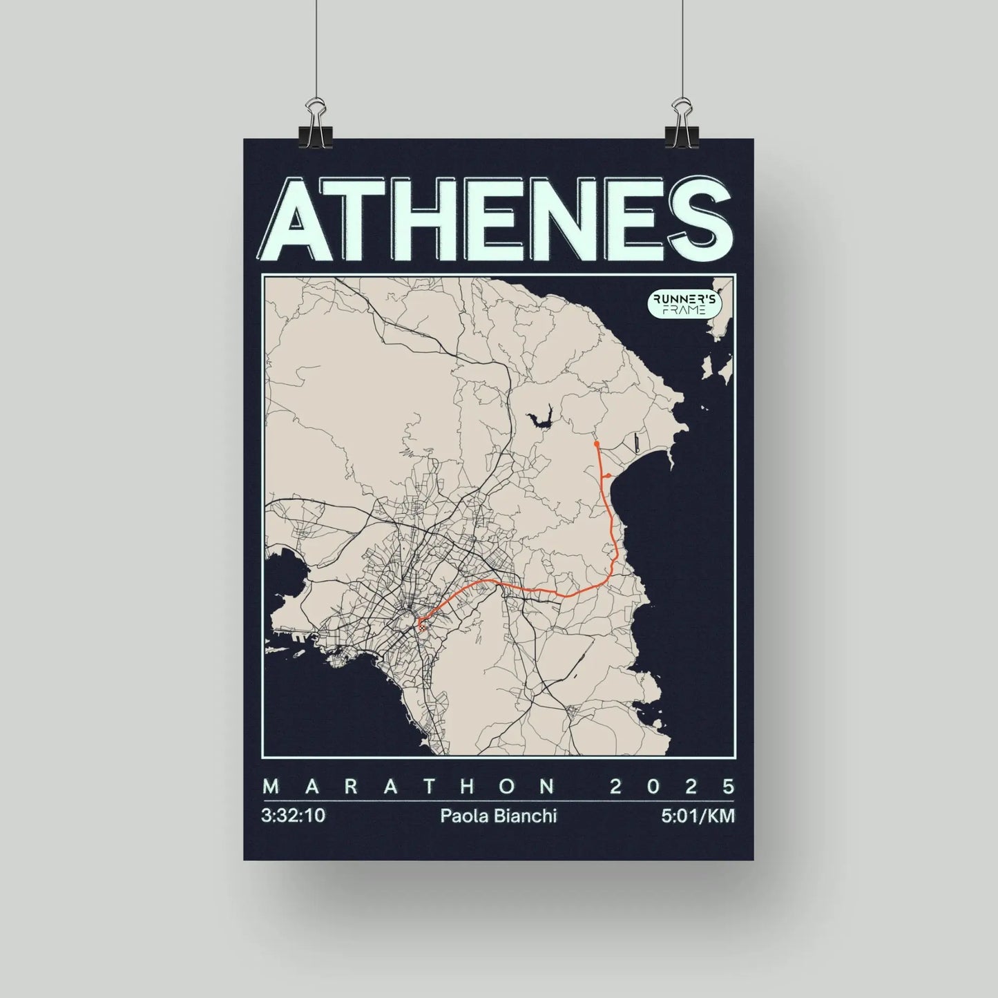 Poster A4/A5 personnalisé Runner's Frame, couleur bleu encre, avec carte de ville, tracé de course et exemple de temps du marathon d'Athènes.