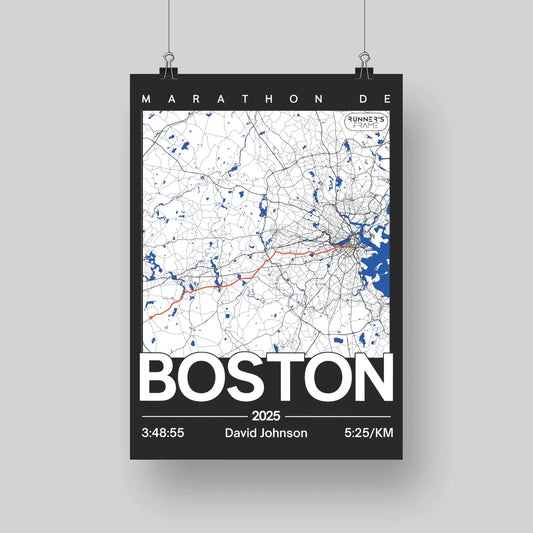 Poster A4/A5 personnalisé Runner's Frame, couleur noir, avec carte de ville, tracé de course et exemple de temps du marathon de Boston.