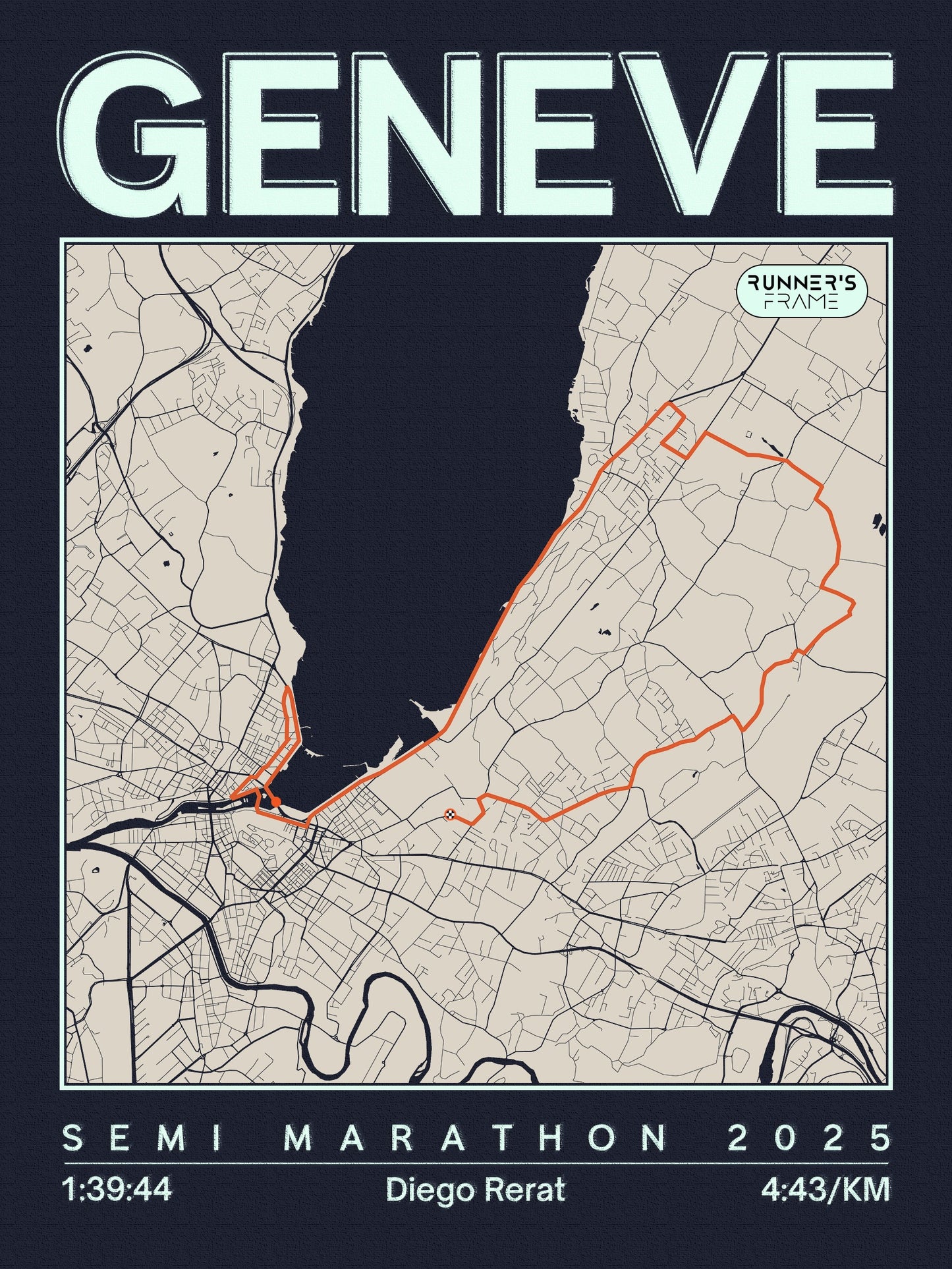 Poster A4/A5 personnalisé Runner's Frame, design Vintage Bleu Encre, avec carte de course et exemple de temps de marathon de Genève 2025.