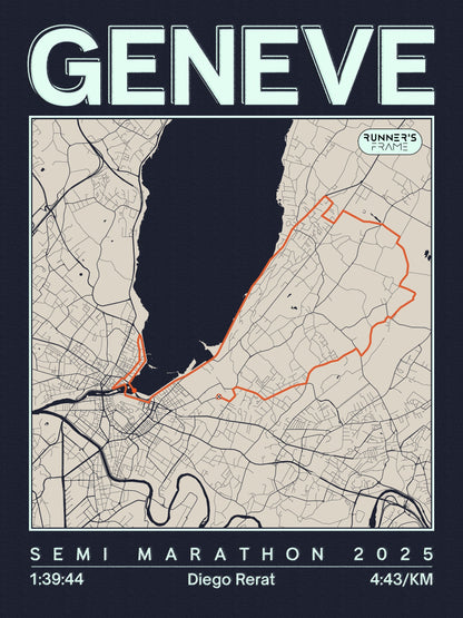 Poster A4/A5 personnalisé Runner's Frame, design Vintage Bleu Encre, avec carte de course et exemple de temps de marathon de Genève 2025.