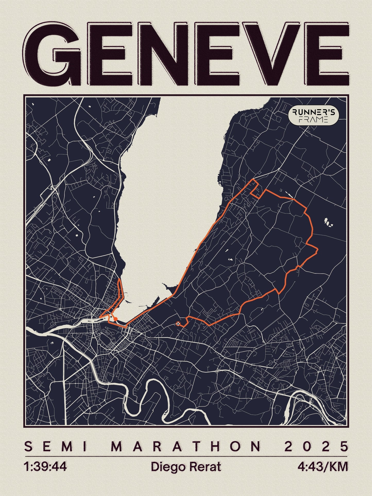 Poster A4/A5 personnalisé Runner's Frame, design Vintage Sépia Clair, avec carte de course et exemple de temps de marathon de Genève 2025.