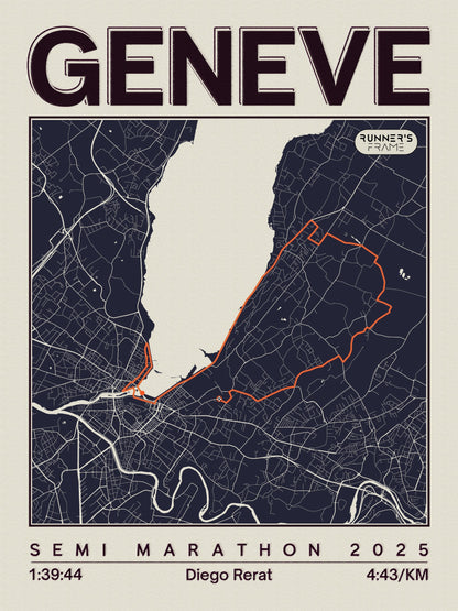 Poster A4/A5 personnalisé Runner's Frame, design Vintage Sépia Clair, avec carte de course et exemple de temps de marathon de Genève 2025.